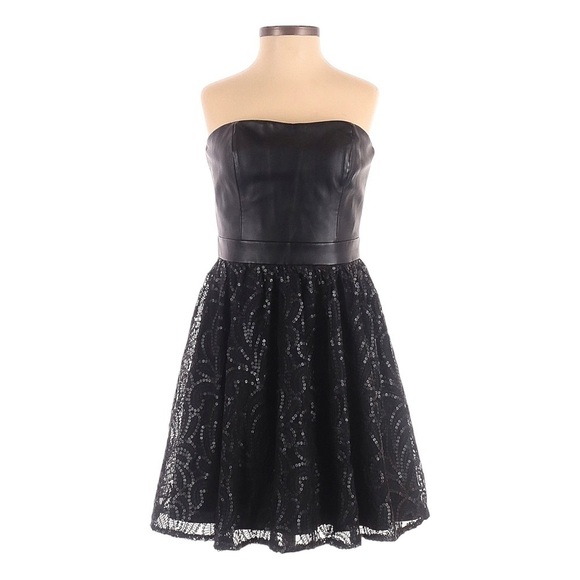 Aqua Faux Leather Fit & Flare Strapless Sequin Mini Dress 2 LBD Vegan Black Prom - Picture 1 of 12